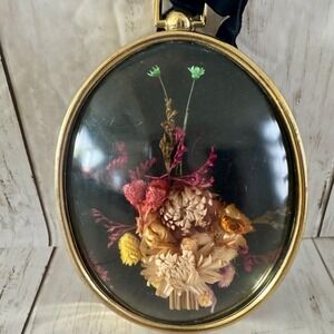 Vintage Handmade Dried Flower Oval Convex Domed Wall Hanging Gold Frame Decor